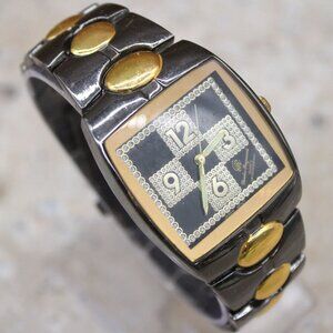 Vintage Charles Raymond Gold Tone Dial Black Case Two Tone Stainless Band Watch